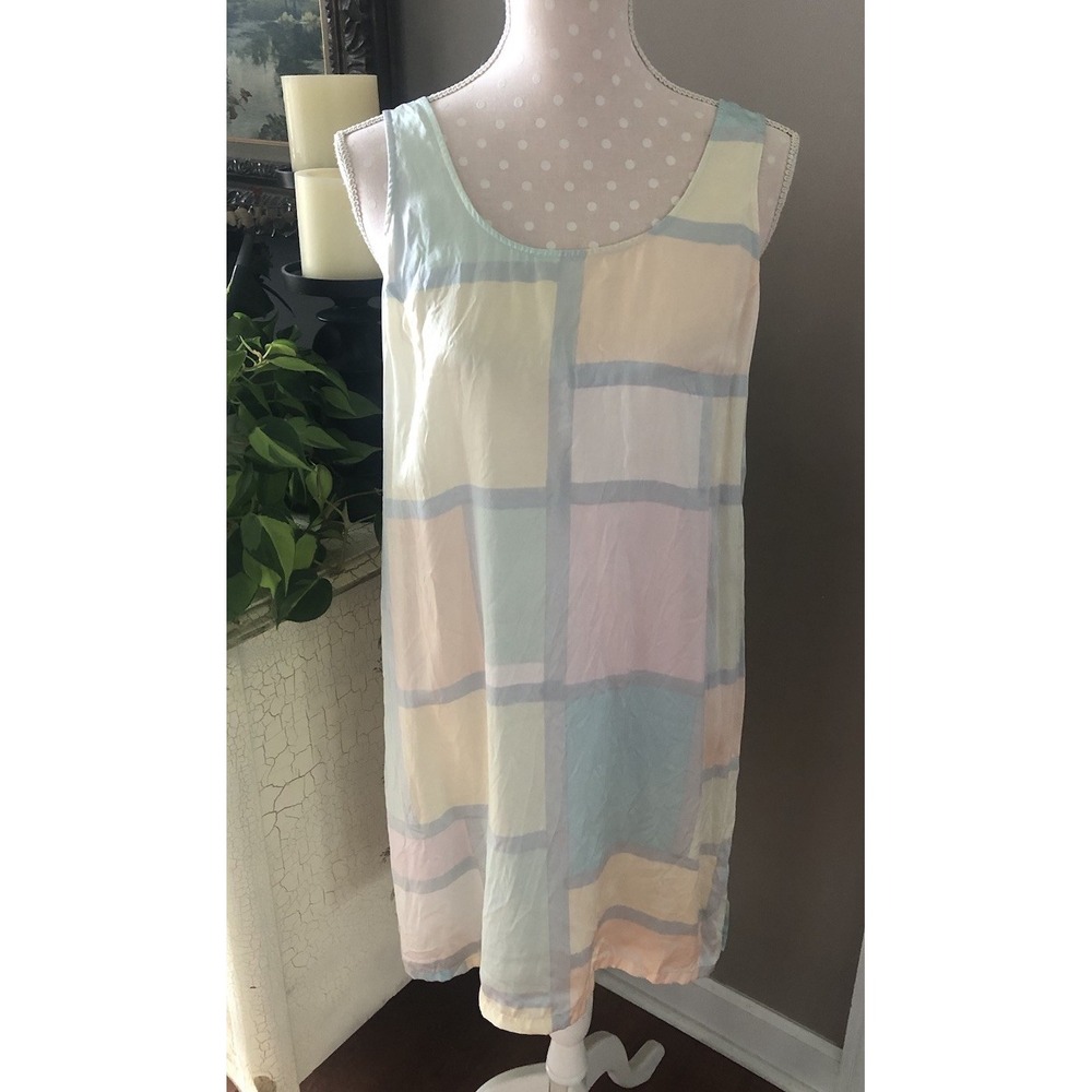 August Silk Intimates 100% Silk Slip Dress Pastel Pink Blue Color Block Women M